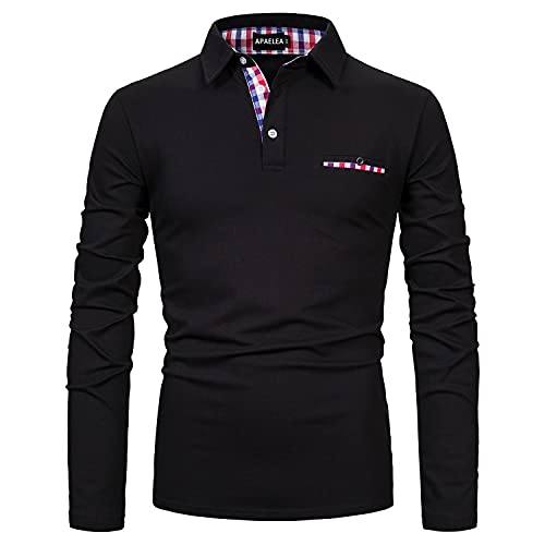 APAELEA Poloshirt Herren Baumwolle Langarm Golf T-Shirt mit Klassische Karierte Knopfleiste,Schwarz,M von APAELEA