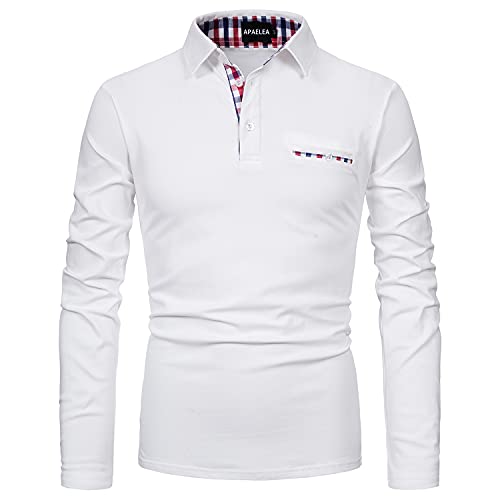 APAELEA Poloshirt Herren Baumwolle Langarm Golf T-Shirt mit Klassische Karierte Knopfleiste,Weiß,3XL von APAELEA