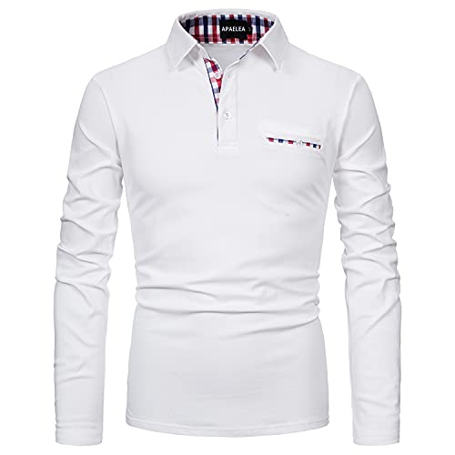 APAELEA Poloshirt Herren Baumwolle Langarm Golf T-Shirt mit Klassische Karierte Knopfleiste,Weiß,L von APAELEA