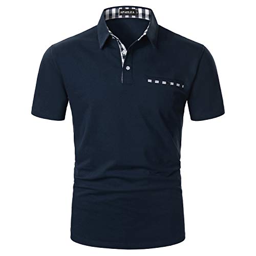 APAELEA Poloshirt Herren Kurzarm Einfarbig Freizeit Plaid Spleißen Golf T-Shirt,Marine,L von APAELEA