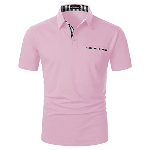 APAELEA Poloshirt Herren Kurzarm Einfarbig Freizeit Plaid Spleißen Golf T-Shirt,Rosa,XL von APAELEA