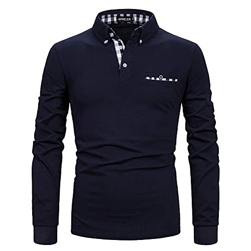 APAELEA Poloshirt Herren Langarm Baumwolle Golf T-Shirt Casual Tops,Navy blau,L von APAELEA