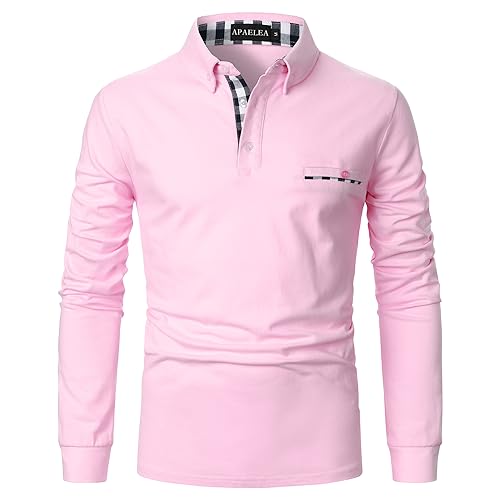 APAELEA Poloshirt Herren Langarm Baumwolle Golf T-Shirt Casual Tops,Rosa,M von APAELEA