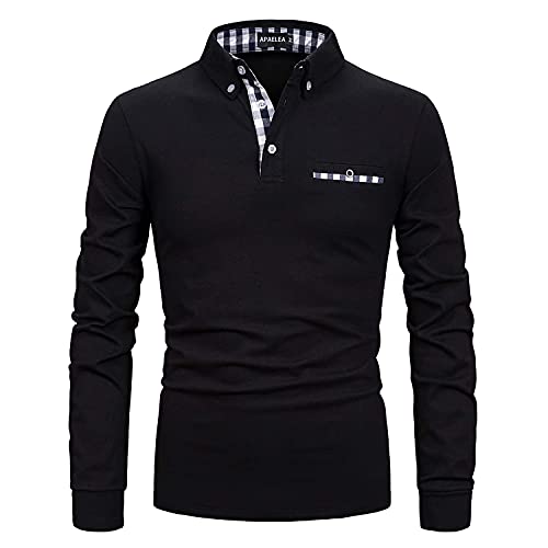 APAELEA Poloshirt Herren Langarm Baumwolle Golf T-Shirt Casual Tops,Schwarz,S von APAELEA