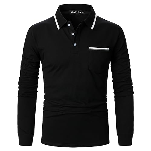 APAELEA Poloshirt Herren Langarm Baumwolle Golf T-Shirt Casual Tops,Schwarz1,L von APAELEA