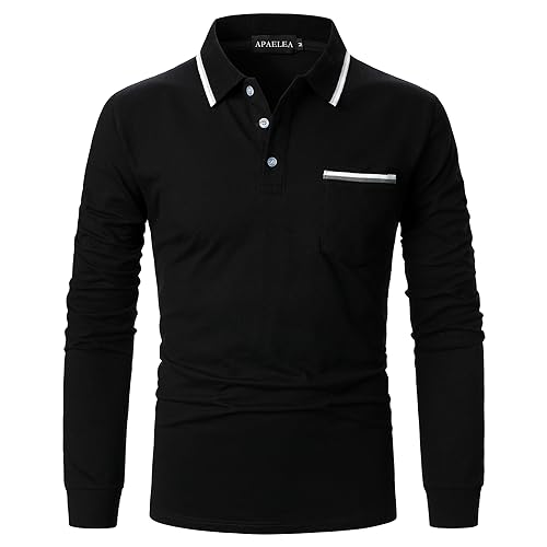 APAELEA Poloshirt Herren Langarm Baumwolle Golf T-Shirt Casual Tops,Schwarz1,M von APAELEA