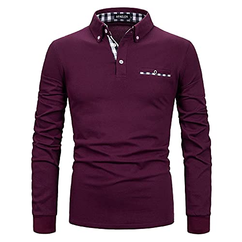 APAELEA Poloshirt Herren Langarm Baumwolle Golf T-Shirt Casual Tops,Weinrot,3XL von APAELEA