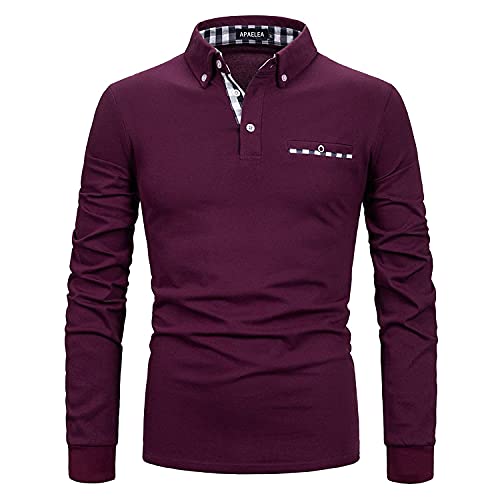APAELEA Poloshirt Herren Langarm Baumwolle Golf T-Shirt Casual Tops,Weinrot,L von APAELEA