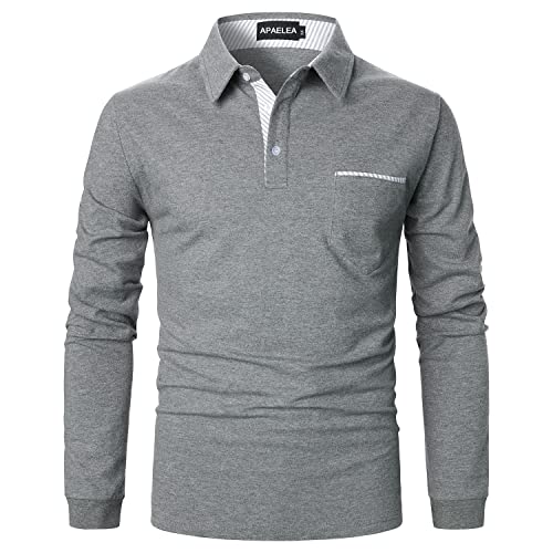 APAELEA Poloshirt Herren Langarm Streifen T-Shirt Baumwolle Casual Polohemd für Männer,Grau,L von APAELEA