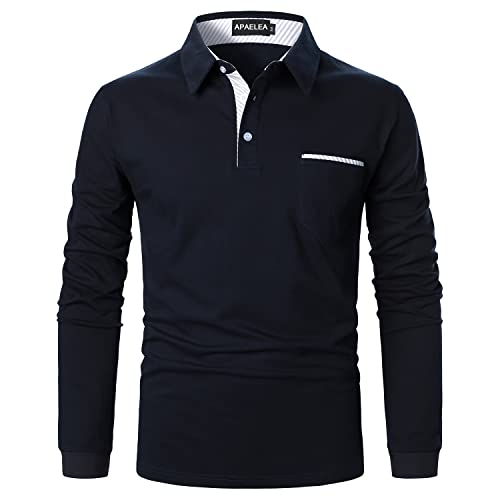 APAELEA Poloshirt Herren Langarm Streifen T-Shirt Baumwolle Casual Polohemd für Männer,Marine,L von APAELEA