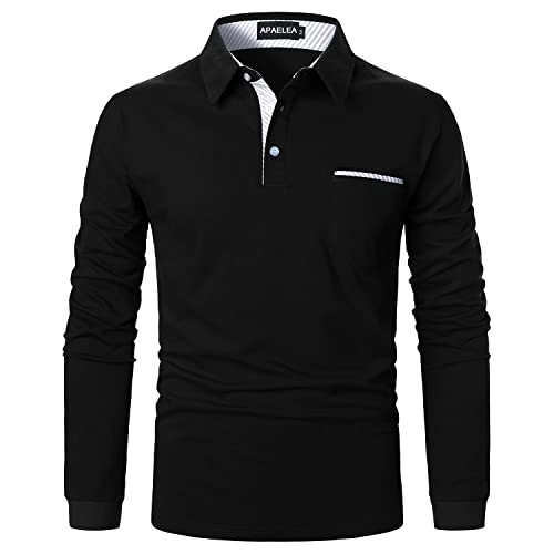 APAELEA Poloshirt Herren Langarm Streifen T-Shirt Baumwolle Casual Polohemd für Männer,Schwarz,L von APAELEA