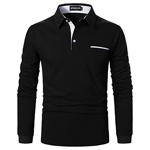 APAELEA Poloshirt Herren Langarm Streifen T-Shirt Baumwolle Casual Polohemd für Männer,Schwarz,S von APAELEA