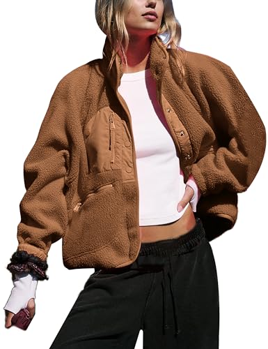 APAFES Damen Cropped Sherpa Gefüttert Fleece Jacke Winter Warm Button Down Fuzzy Mäntel Shacket Oberbekleidung mit Taschen, Braun, XL von APAFES