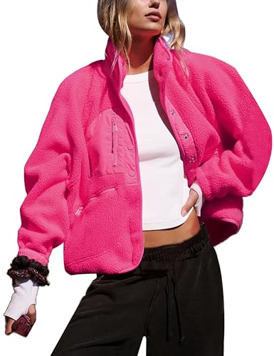APAFES Damen Cropped Sherpa Gefüttert Fleece Jacke Winter Warm Button Down Fuzzy Mäntel Shacket Oberbekleidung mit Taschen, Rosenrot, XL APAFES Damen Cropped Sherpa Gefüttert Fleece Jacke Winter Warm Button Down Fuzzy Mäntel Shacket Oberbekleidung mit Taschen, Rosenrot, XL von APAFES