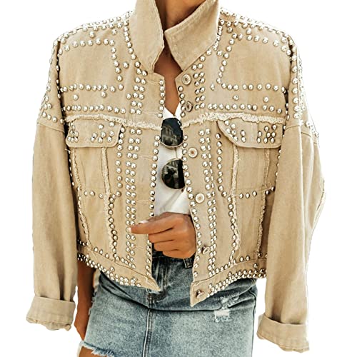 APAFES Damen Mode Crop Fransen Denim Jacke Distressed Western Nieten Schwarz Trucker Jacke, Khaki, XXL von APAFES
