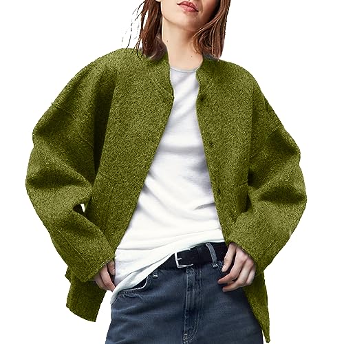 APAFES Damen Oversized Wollmischung Bomberjacke Snap Button Shackets Pea Coats Oberbekleidung mit Taschen, Army Grün, M von APAFES