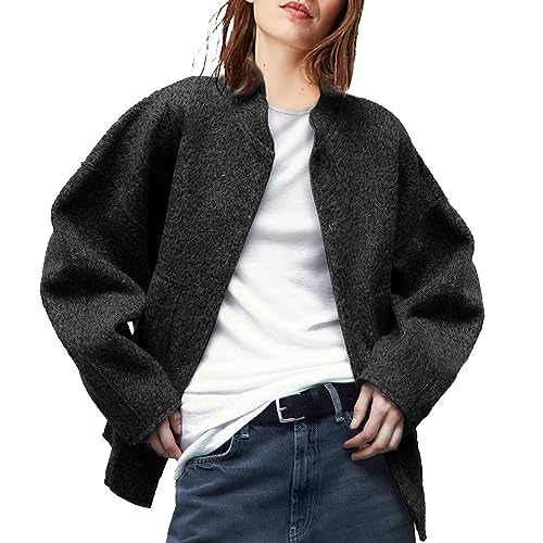 APAFES Damen Oversized Wollmischung Bomberjacke Snap Button Shackets Pea Coats Oberbekleidung mit Taschen, Schwarz, S APAFES Damen Oversized Wollmischung Bomberjacke Snap Button Shackets Pea Coats Oberbekleidung mit Taschen, Schwarz, S von APAFES