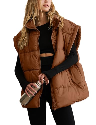 APAFES Damen Winter Oversized Puffer Weste Leichte Stehkragen Flysleeve Isolierte Gepolsterte Puffer Jacken Mantel mit Taschen, Braun, L APAFES Damen Winter Oversized Puffer Weste Leichte Stehkragen Flysleeve Isolierte Gepolsterte Puffer Jacken Mantel mit Taschen, Braun, L von APAFES