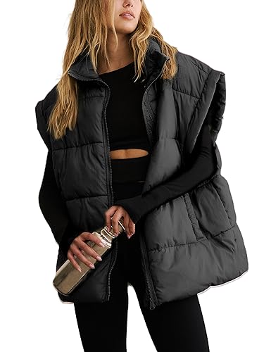 APAFES Damen Winter Oversized Puffer Weste Leichte Stehkragen Flysleeve Isolierte Gepolsterte Puffer Jacken Mantel mit Taschen, Schwarz, L von APAFES