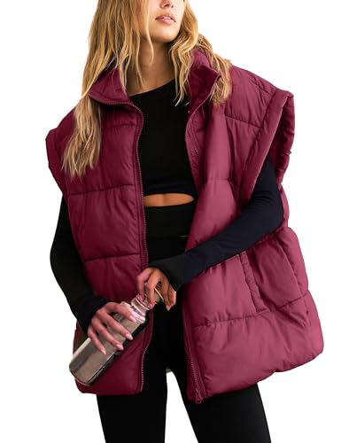 APAFES Übergroße Winterweste für Damen, gesteppt, leicht, Stehkragen, ärmellos, gepolstert, Puffjacke, Mantel mit Taschen, Weinrot, Small von APAFES