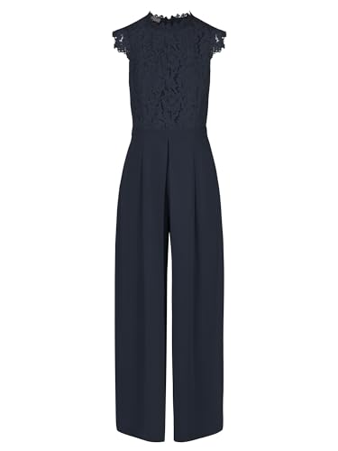 APART Damen lässiger Spitzen-Top-Jumpsuit, eleganter Cocktail-Overall langer Playsuit, Rundhalsausschnitt, Spitzen-Stehkragen, ärmelloser Sommer-Overall, weites Bein Partykleid, nachtblau von APART Fashion
