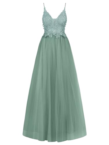 Apart Frauen Tüll Abendkleid, Florale Spitze mit Strasssteinen, V-Ausschnitt langes Partykleid, Spaghetti-Träger, Stylish Backless Design, Perfekt für Hochzeiten und andere besondere Anlässe, Mint von APART Fashion