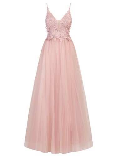 Apart Frauen Tüll Abendkleid, Florale Spitze mit Strasssteinen, V-Ausschnitt langes Partykleid, Spaghetti-Träger, Stylish Backless Design, Perfekt für Hochzeiten und andere besondere Anlässe, Rose von APART Fashion