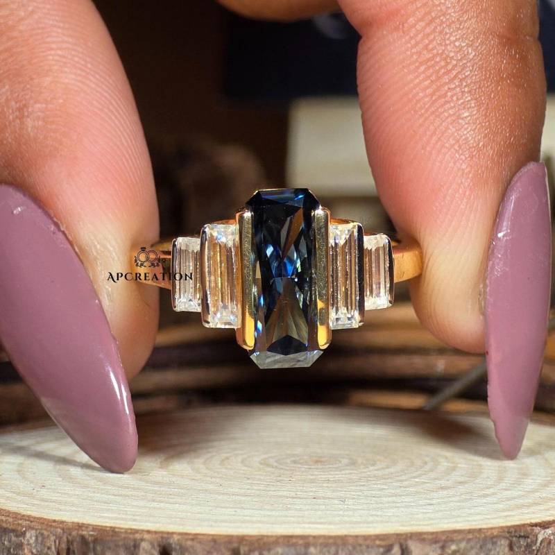 3.0Ct Blau Strahlender Schnitt Moissanit Stein Bar Set Fünf Verlobungsring, Seitenstein Baguettering 14K Gold Ehering Für Braut von APCreationDE
