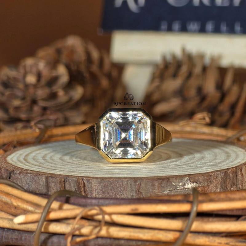 Asscher Cut Lünette Set Moissanite Verlobungsring, 4Ct Stein Siegelscheibe Ehering Solitär Herren-Frauenring Geschenk Für Sie/Ihn von APCreationDE