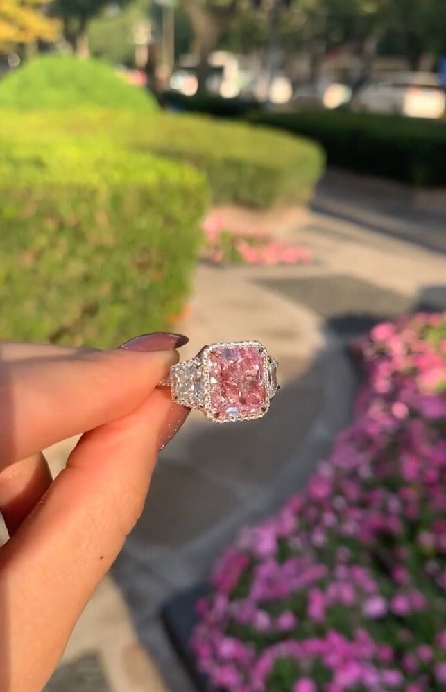 Rosa Kissenschliff Groß Cocktailring Frauen 3 Stein Verlobungsring Statement Ring Braut Dicker Bandring Geschenkidee Geschenk Für Sie von APCreationDE