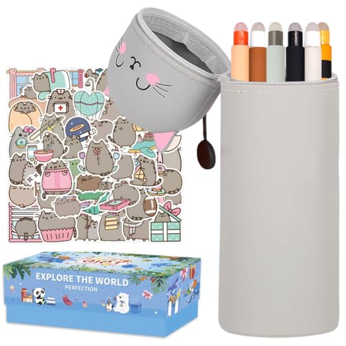 APDDHJ 2 in 1 Weiche Silikontasche Federmäppchen, Tierisches Kugelschreiber, mäppchen mit 0.5mm löschbaren für Schule Büro Mädchen (10 Radierstift + Panda Briefpapier-Setr) (Grau Katze) von APDDHJ