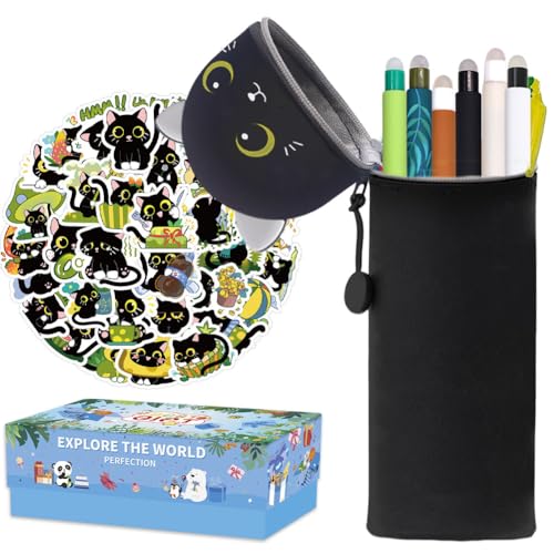 APDDHJ 2 in 1 Weiche Silikontasche Federmäppchen, Tierisches Kugelschreiber, mäppchen mit 0.5mm löschbaren für Schule Büro Mädchen (10 Radierstift + Panda Briefpapier-Setr) (Schwarze Katze) von APDDHJ