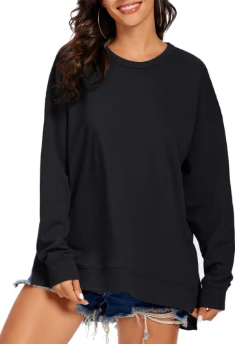 APEIYU Damen-Pullover mit langen Ärmeln, seitlich geteilt, hoch tief, locker, lässiger Fledermaus-Pullover, Tunika, Tops, T-Shirts, schwarz, Größe L (US) von APEIYU