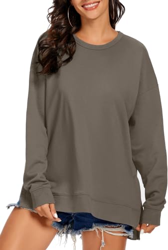 APEIYU Damen-Sweatshirt, langärmelig, Tops für Damen, Sweatshirts, Rundhalsausschnitt, lockere Sweatshirts, lässiger Strickpullover, 21-Espresso, 48 von APEIYU