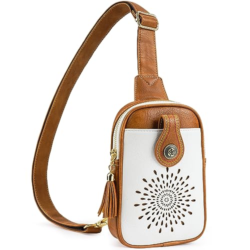 APHISON Sling Bag Klein Brusttasche, Sunflower Crossbody Bag Leder Bauchtasche Klein Umhängetasche Damen, Schultertasche mit Verstellbarer Schultergurt Weiss-braun von APHISON