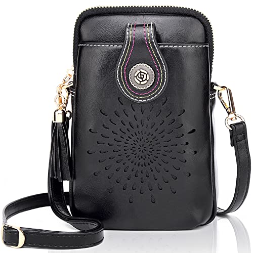 APHISON Designer-Crossbody-Telefon-Taschen f眉r Frauen, Handy-b枚rse, PU-Leder, kleine Schultertasche f眉r M盲dchen, Geschenk, Sonnenblumen-Aush枚hlung mit Quaste, - 163-1schwarz - Gr枚脽e: Small von APHISON