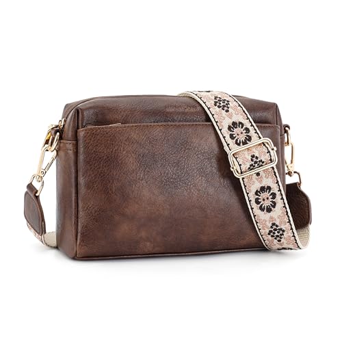 APHISON Umhängetasche Damen Klein Kaffee Crossbody Bag mit Breitem Gurt Boho Schultertasche PU Leder Handtasche Tasche mit Abnehmbarem Schultergurt Kartenschlitz Reisetasche von APHISON