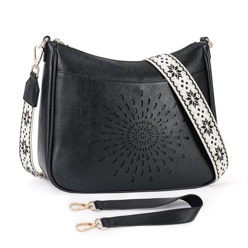 APHISON Klein Umhängetasche Damen Crossbody Bag das Sonnblumen-Lochmuster mit Breitem Gurt Schultertasche veganem Leder blau Handtasche Tasche mit Abnehmbarem Schultergurt Kartenschlitz Reisetasche von APHISON