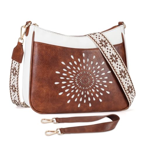 APHISON Klein Umhängetasche Damen Crossbody Bag das Sonnblumen-Lochmuster mit Breitem Gurt Schultertasche veganem Leder blau Handtasche Tasche mit Abnehmbarem Schultergurt Kartenschlitz Reisetasche von APHISON