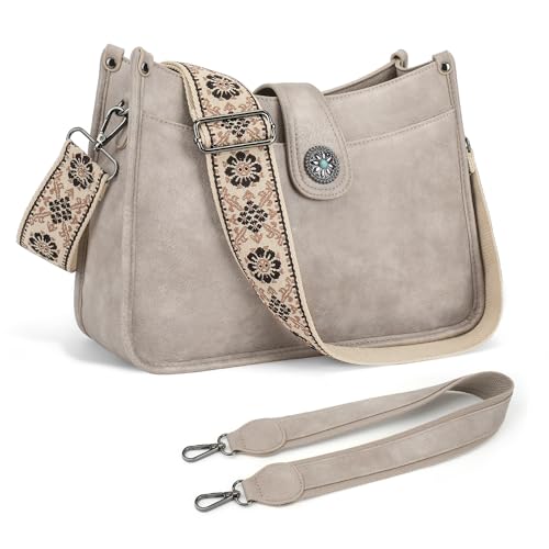APHISON Umhängetasche Damen Handtasche Mittelgroß Grau Crossbody Bag mit Breiter Gurt Hobo Bag Schultertasche veganem Leder Tasche 2 Schulterriemen Kartenschlitz Reisetasche von APHISON