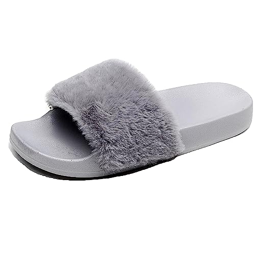 APIKA Damen Flip Flop Kunstpelz Slipper Fuzzy Fluffy Comfy Sliders Offene Zehe(36 EU grau) von AioTio