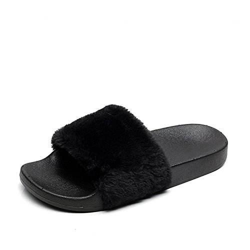 APIKA Damen Flip Flop Kunstpelz Slipper Fuzzy Fluffy Comfy Sliders Offene Zehe(36 EU schwarz) von AioTio