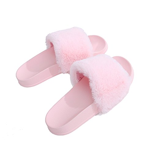 AioTio Damen Flip Flop Kunstpelz Slipper Fuzzy Fluffy Comfy Sliders Offene Zehe(EU 39 Rosa) von AioTio