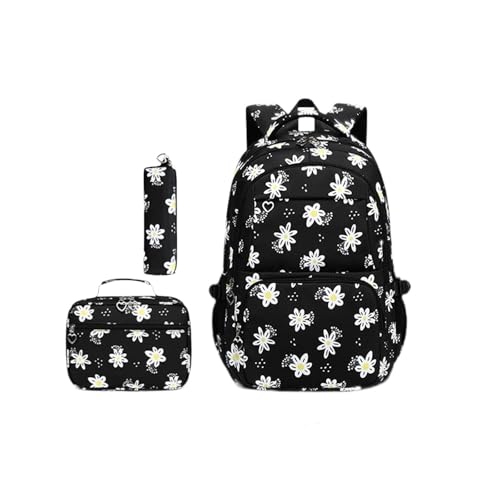 APLVFFZH Daisy -Rucksack für Mädchen mit Lunchbox Bleistift Case 3pcs Set Schultasche, Schwarz von APLVFFZH