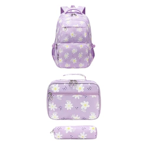 APLVFFZH Daisy -Rucksack für Mädchen mit Lunchbox Bleistift Case 3pcs Set Schultasche, Violett von APLVFFZH