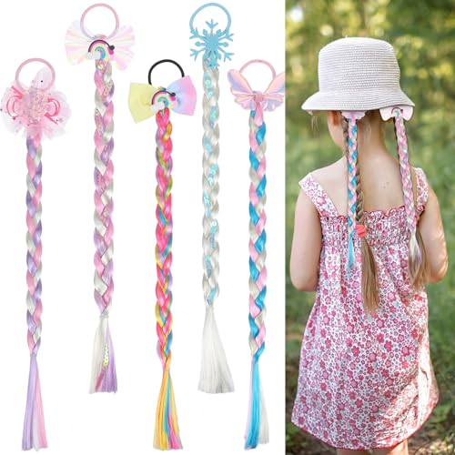 5 Stück Bunte Haarsträhnen, Regenbogen Prinzessin Zopf, Langhaar Perücke Zöpfefür Mädchen, Haarreif Zopf Mit Haargummi, Perücke Pferdeschwanz Haarteil Animation Cosplay Kinderperücke für Party Kostüm von APLZGMG