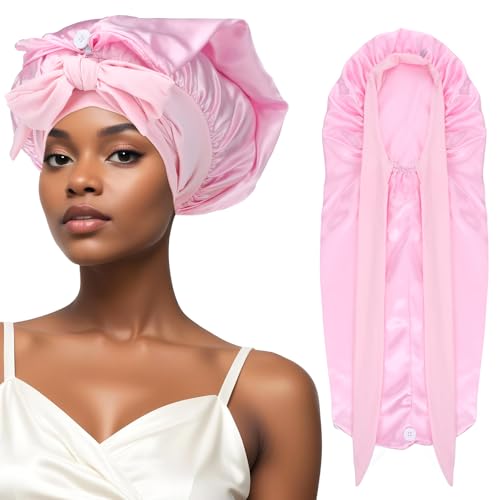 Lange Satin Zopfhaube, APLZGMG Lange Satinhaube mit Knöpfe für Damen, Große Seidenhaube zum Schlafen, Satin Haarhaube Nacht, Sleep Cap mit Bindeband, Schlafhaube für Langes Lockiges Haar (Rosa) Lange Satin Zopfhaube, APLZGMG Lange Satinhaube mit Knöpfe für Damen, Große Seidenhaube zum Schlafen, Satin Haarhaube Nacht, Sleep Cap mit Bindeband, Schlafhaube für Langes Lockiges Haar (Rosa) von APLZGMG