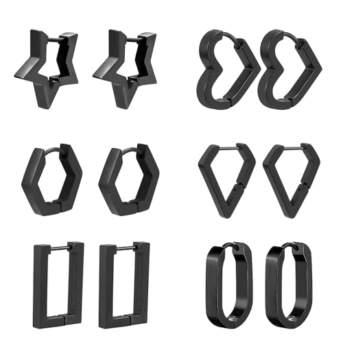 6 Paar Creolen Schwarz/Silber Ohrringe Geometrisch Edelstahl Ohrringe für Damen Herren Knorpel Ohrring Herz Creolen Kleine Ohrstecker Set Quadrat Sechseck Ohrstecker Damen Mädchen (Schwarz-B) von APMGONT