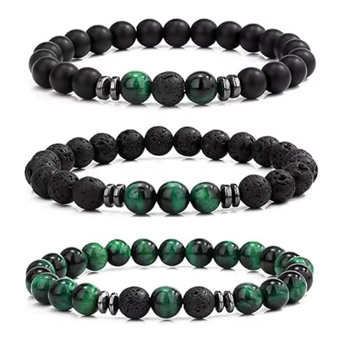APMGONT 8 mm Perlenarmbänder Set, 3 pcs Perlenarmband Herren mit Schwarzen Lavastein, Naturstein Yoga Perlen Elastische Armbänder Verstellbares Herren Armbänder Set Geschenke für Männer (Grüner) von APMGONT