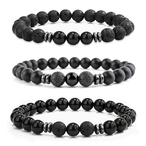 APMGONT 8 mm Perlenarmbänder Set, 3 pcs Perlenarmband Herren mit Schwarzen Lavastein, Naturstein Yoga Perlen Elastische Armbänder Verstellbares Herren Armbänder Set Geschenke für Männer (Obsidian) von APMGONT